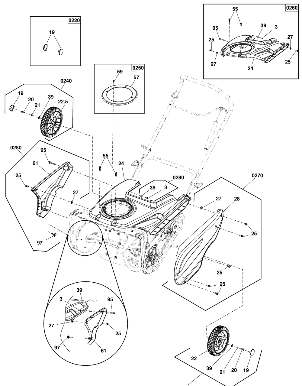 Wheel And Body Covering Group Diagram and Parts List for 1697350-00-SS22EL 2020 Briggs and Stratton Snow Blower